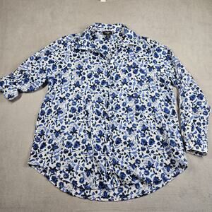 Lord & Taylor Button Down Shirt Womens 1X Blue Floral Cotton Feminine Roll Tab